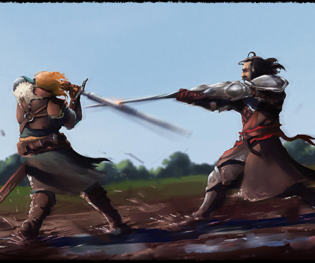 Two warriors clash swords in the mud in the middle of a bright sunny day.