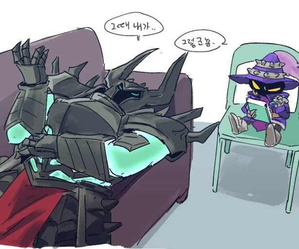 Mordekaiser getting therapy from Veigar with text in Korean.