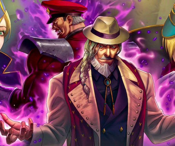 JP and M. Bison stand in the center of the image, while Ed and Falke look on.