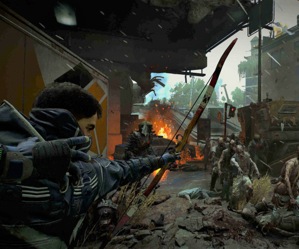 Aiden shooting an arrow at some zombies. 