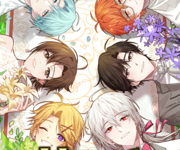 All of the love interests of Mystic Messenger presenting color-coded flowers to players during the January Home Screen change. 