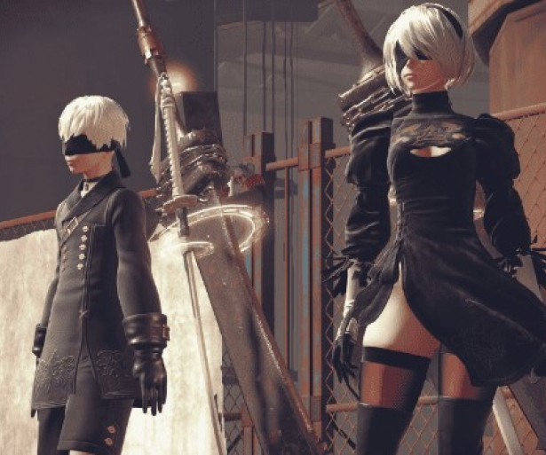2B and 9S stand in the Resistance Camp