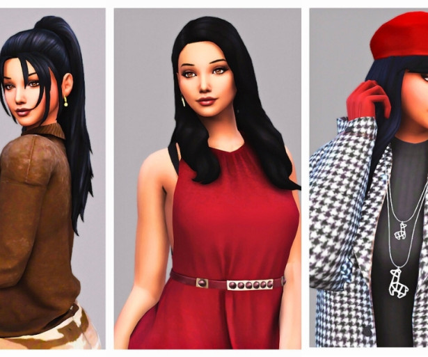 A Female character in The Sims 4 is showcasing various potential wardrobe options.