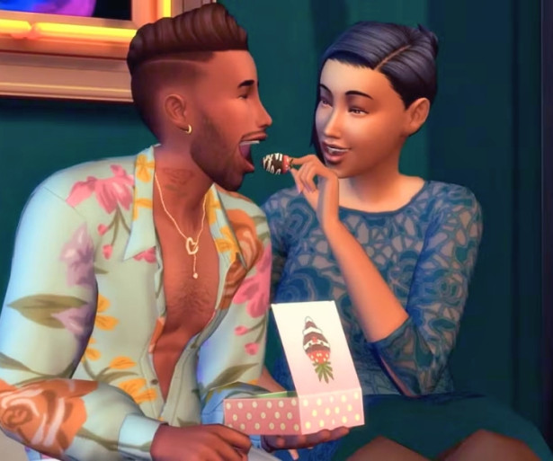 A couple in The Sims 4 is sharing a delicious snack together.