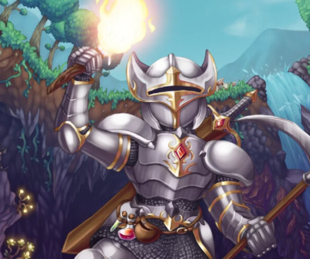 Terraria knight holding a torch and a pickaxe