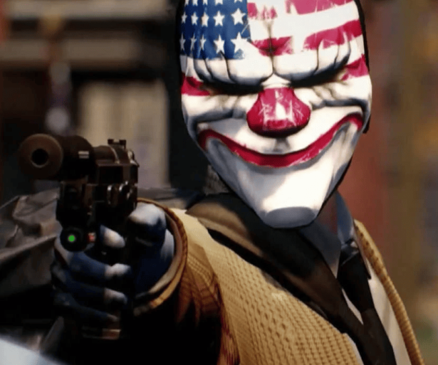 a Bank Robber aiming a pistol with an American flag mask