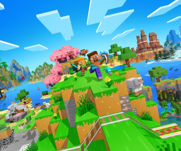 Several characters are running outside through a Minecraft terrain. 